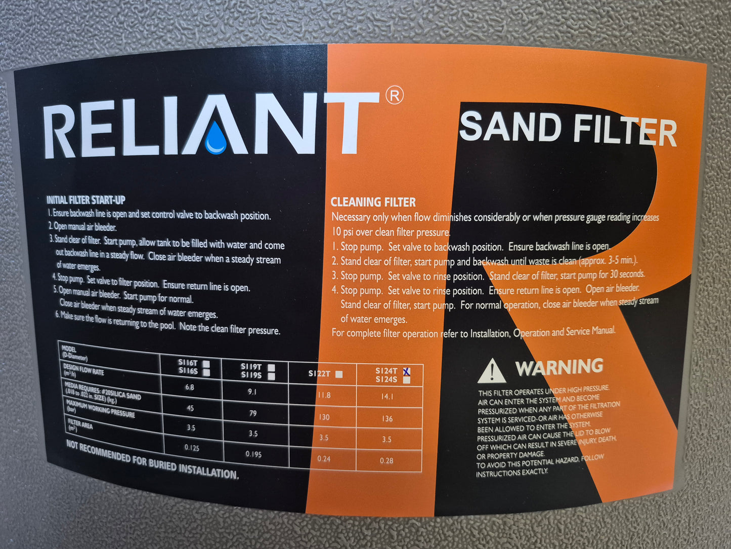 Reliant Sand Filter 24" Tank Body for F124T / S124T
