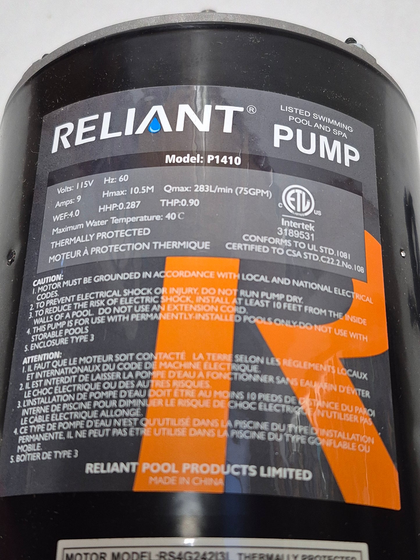 Reliant 1hp Single Speed Pump Motor for P1410 / P1410(DC) / BC2729