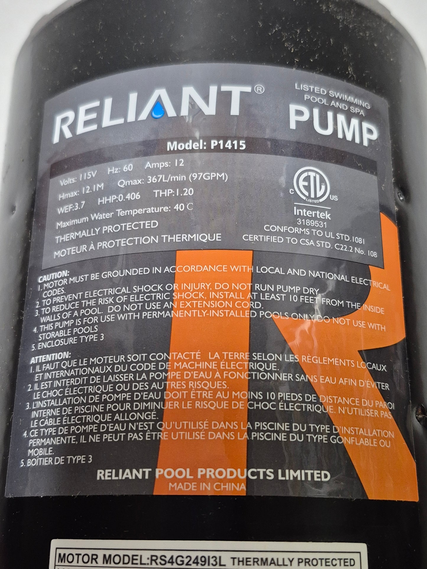Reliant 1.5hp Single Speed Pump Motor for P1415 / P1415(DC) / BC2730