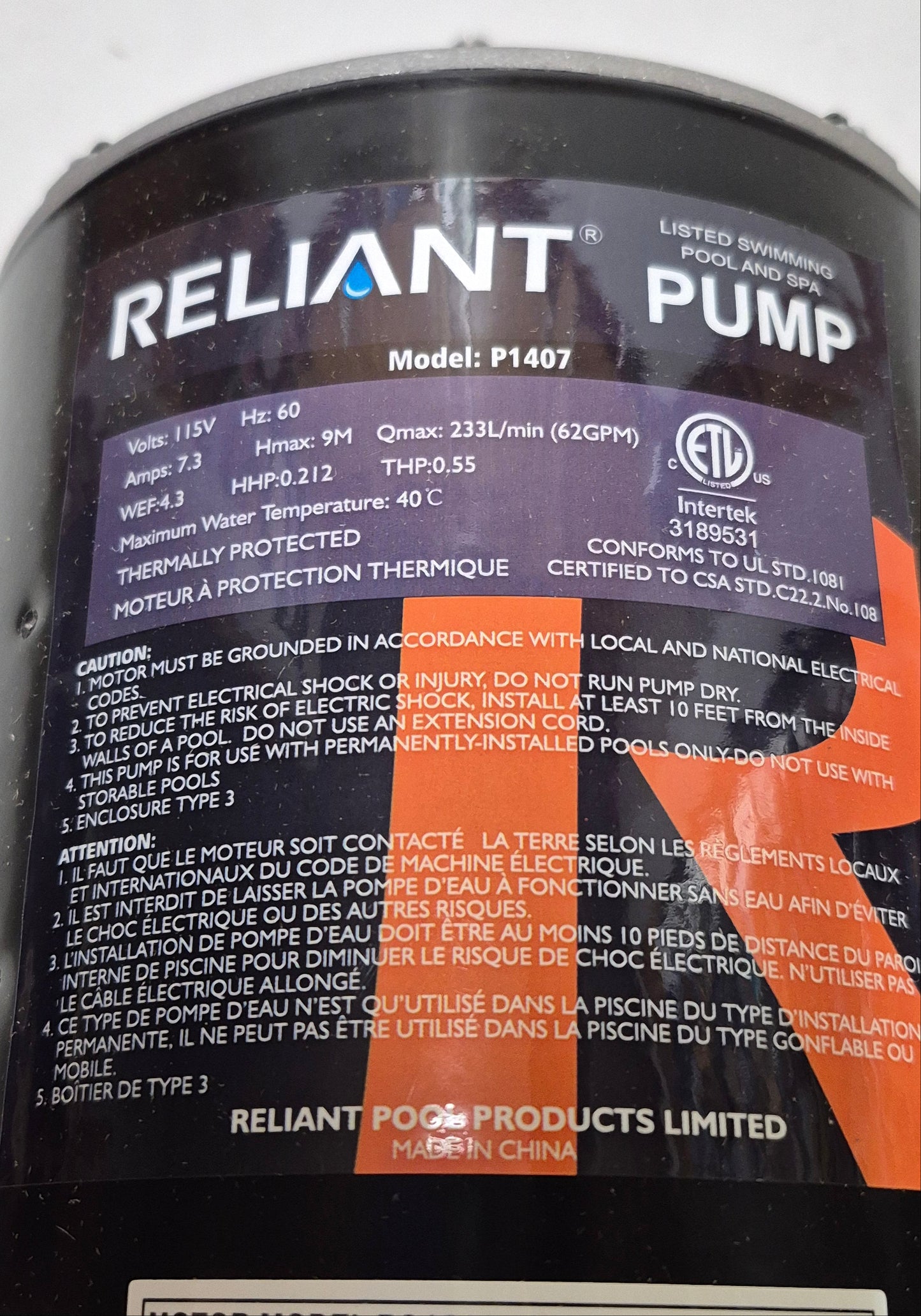 Reliant 3/4hp Single Speed Pump Motor for P1407 / P1407(DC) / BC2728