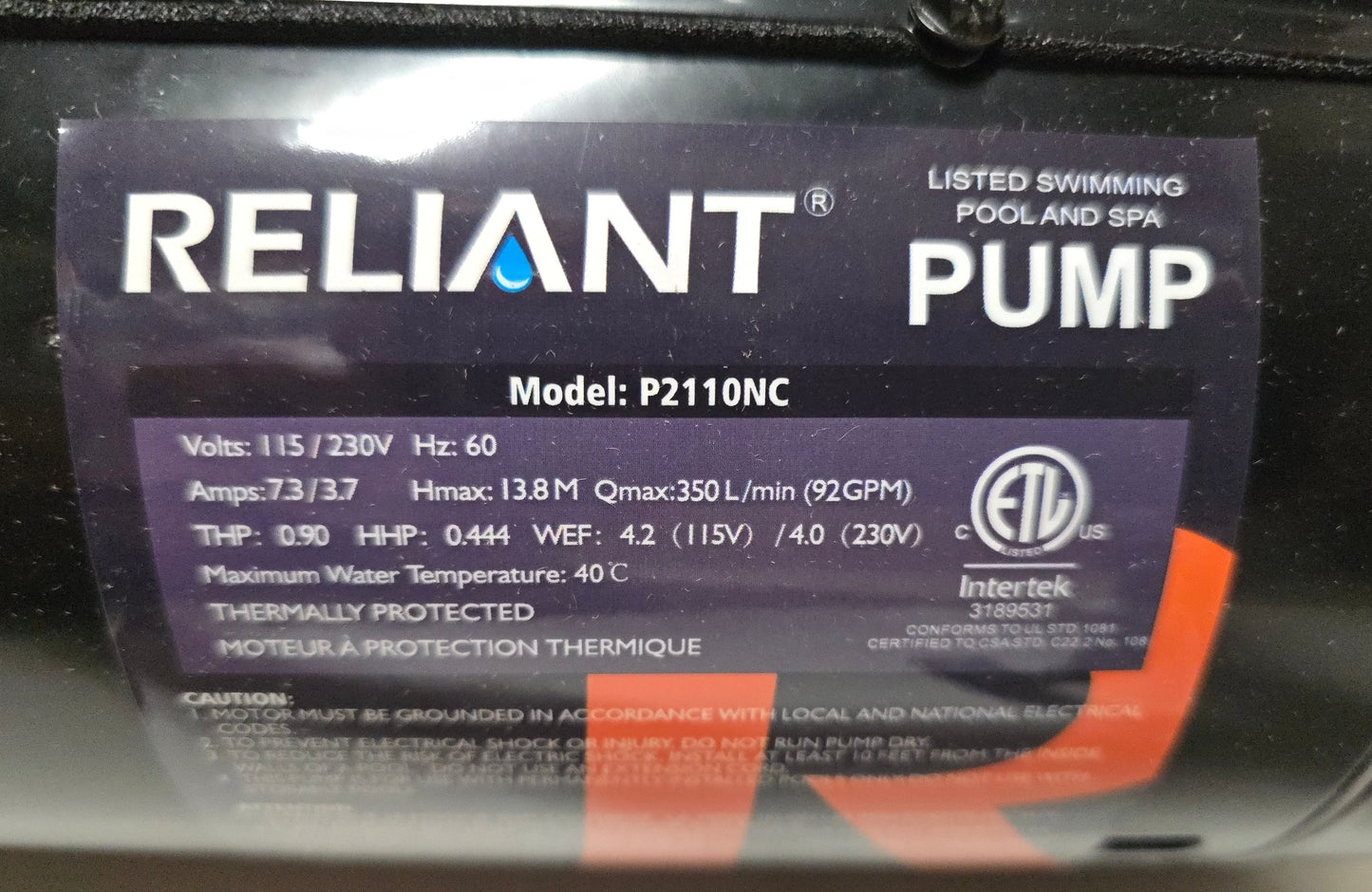 Reliant 1hp Single Speed Pump Motor for P2110 / BC2747