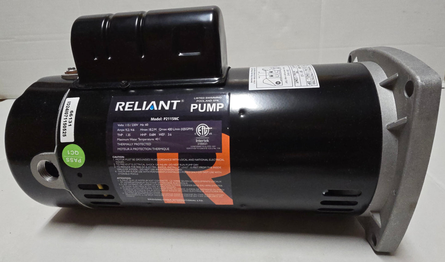 Reliant 1.5hp Single Speed Pump Motor for P2115 / BC2748 Series