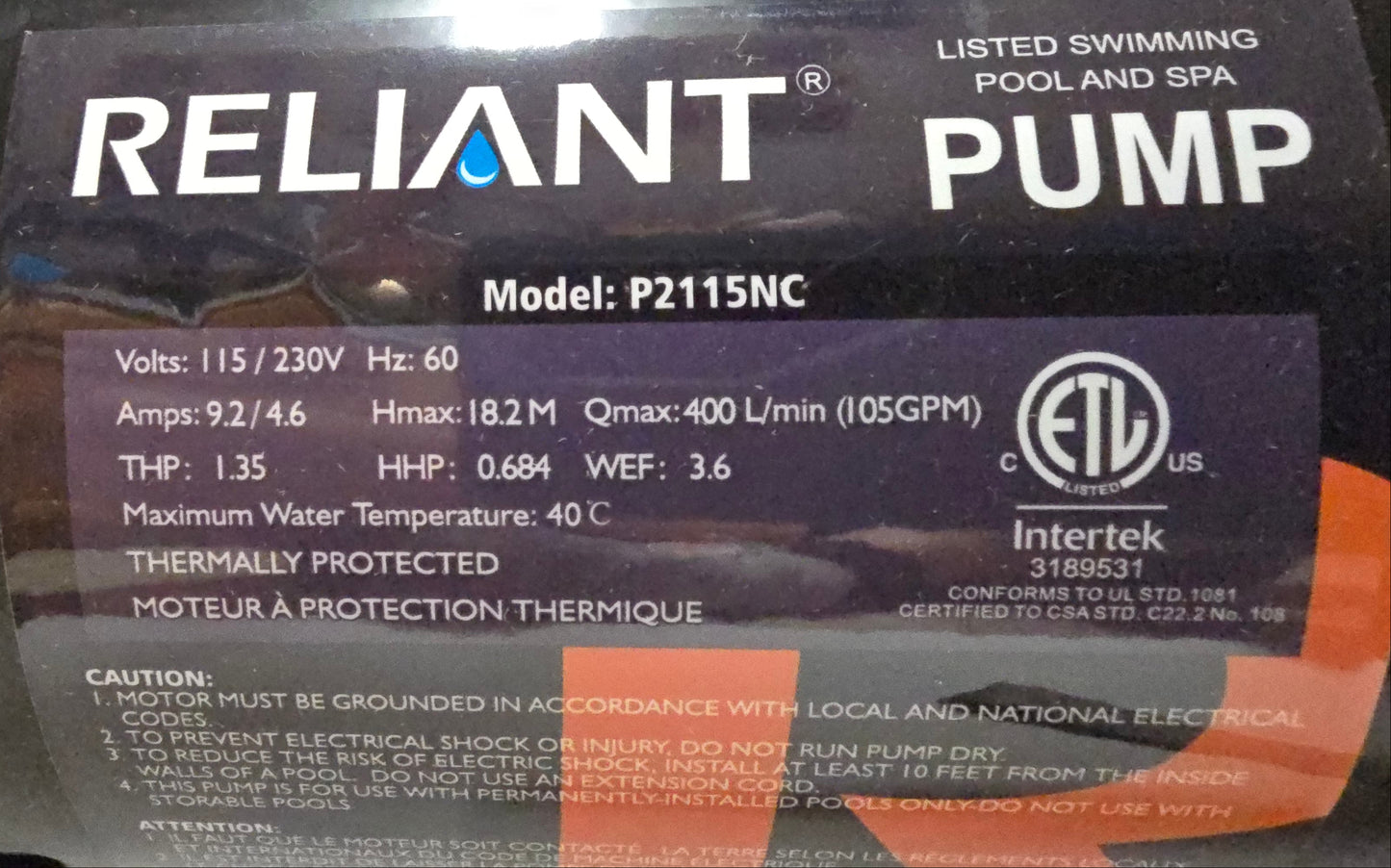 Reliant 1.5hp Single Speed Pump Motor for P2115 / BC2748 Series
