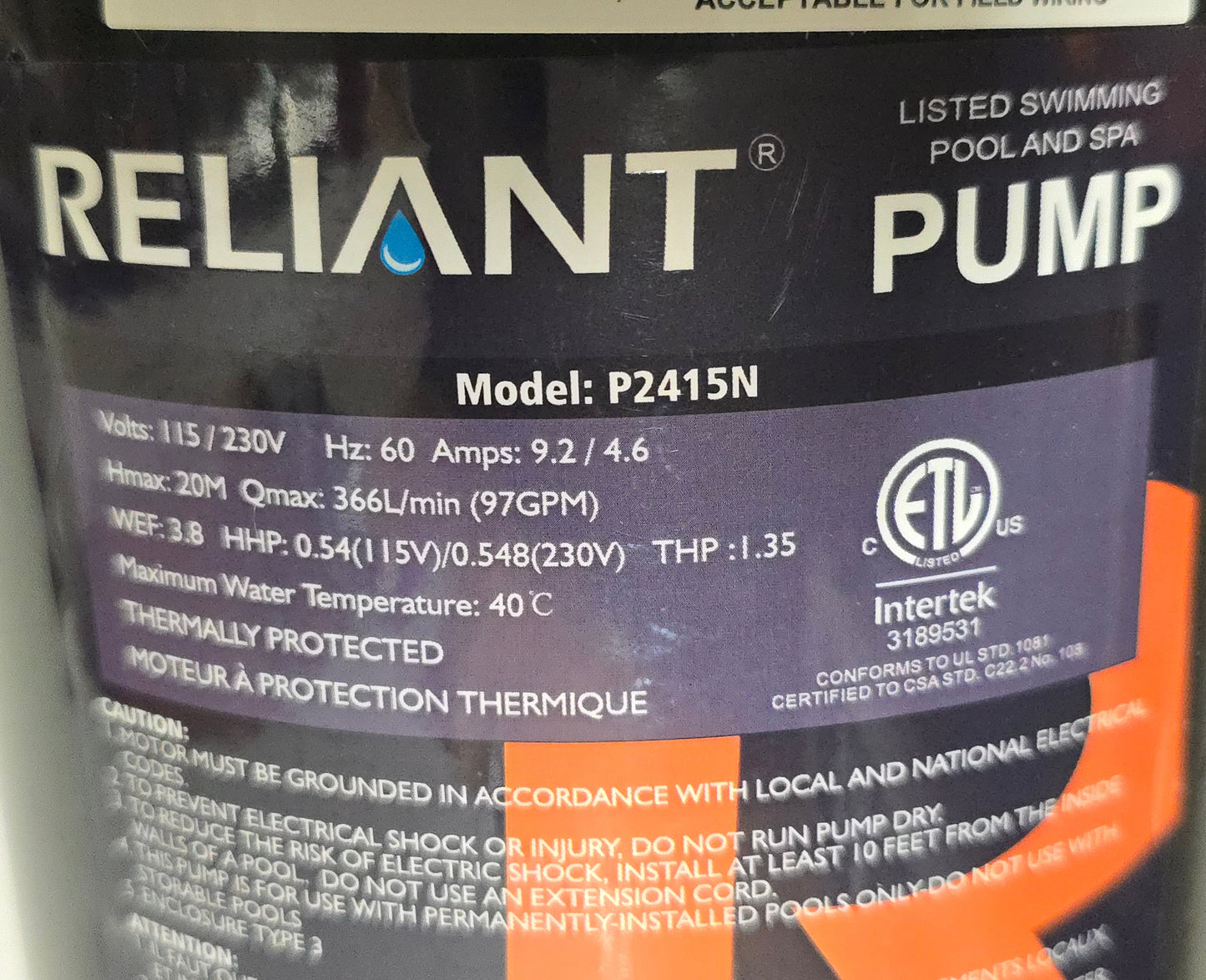 Reliant 1.5hp Single Speed Pump Motor for P2415 Series