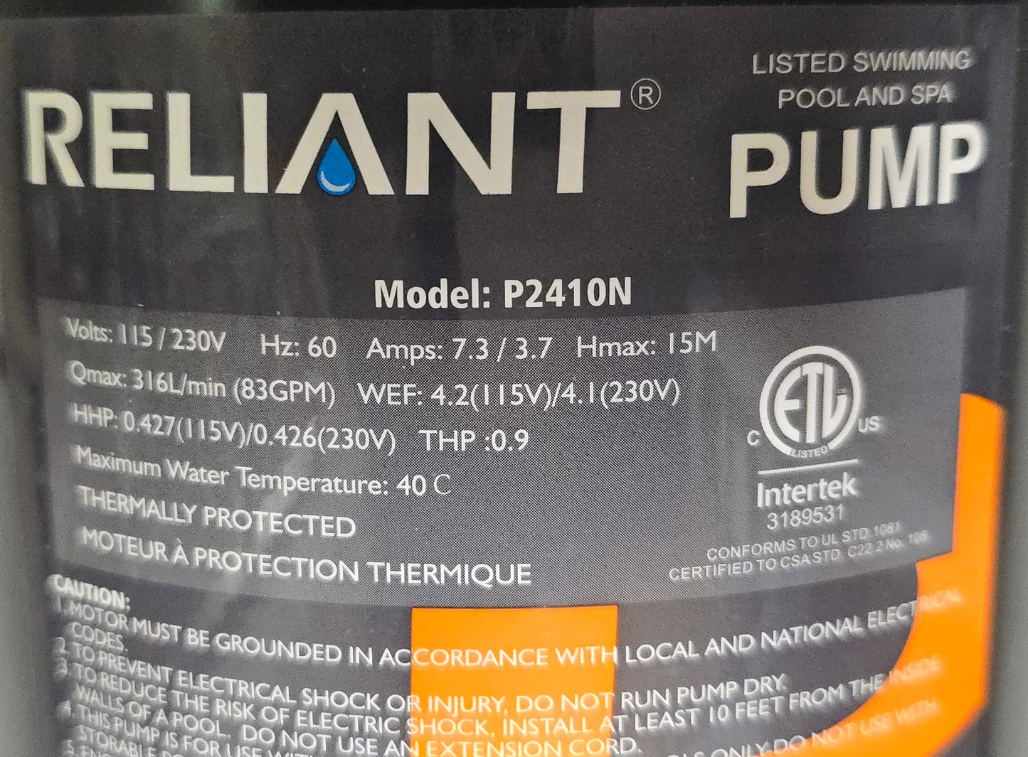 Reliant 1hp Single Speed Pump Motor for P2410 Series