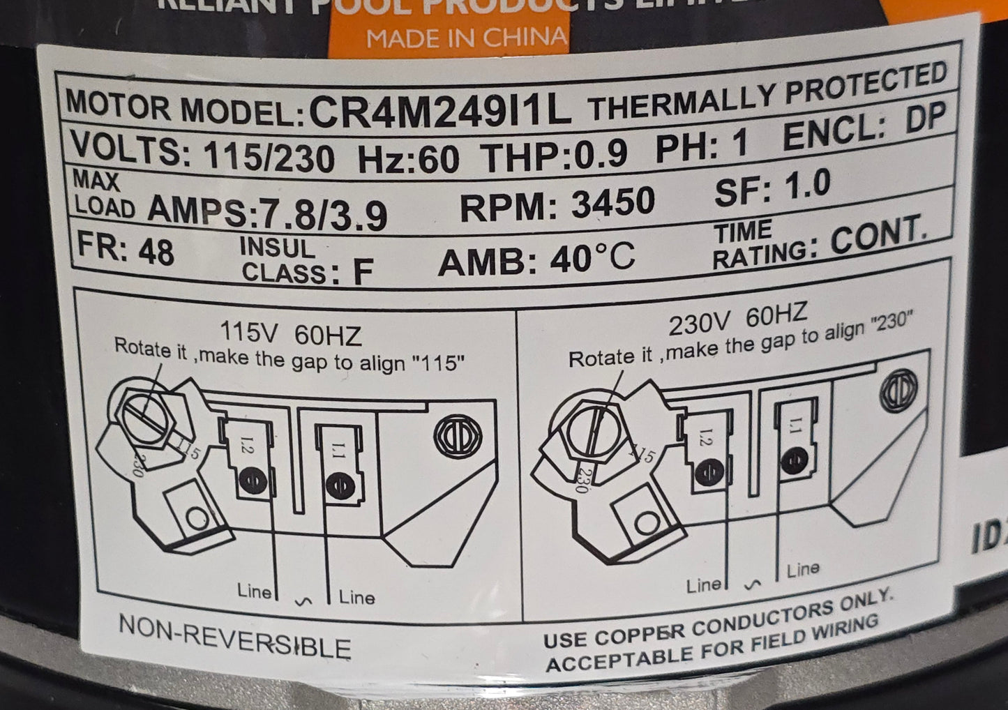 Reliant 1hp Single Speed Pump Motor for P2410 Series