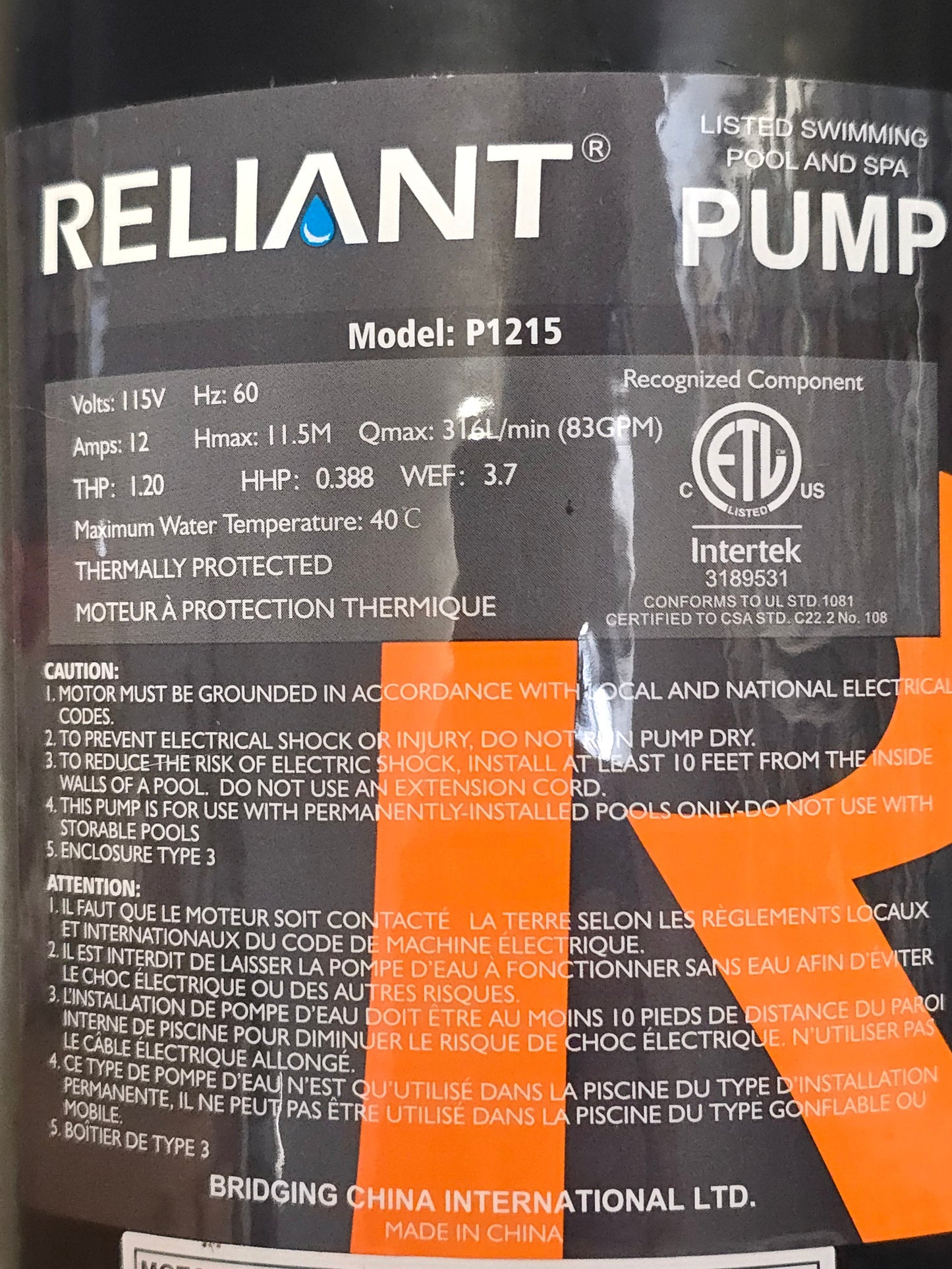 Reliant PF Pro 1.5hp Above Ground Pool Pump P1215 Series for Skid Pack Combo F124T1215