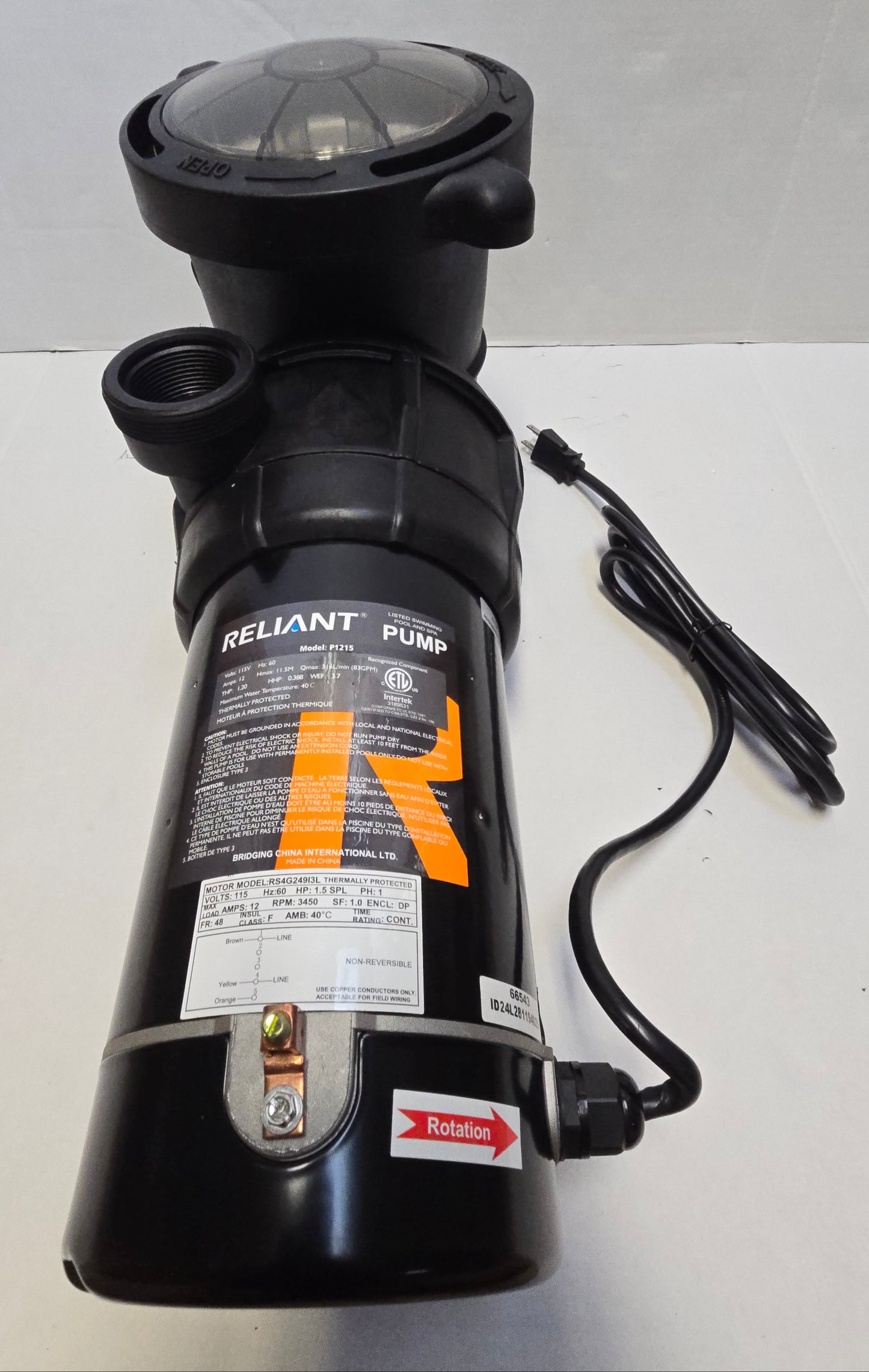 Reliant PF Pro 1.5hp Above Ground Pool Pump P1215 Series for Skid Pack Combo F124T1215