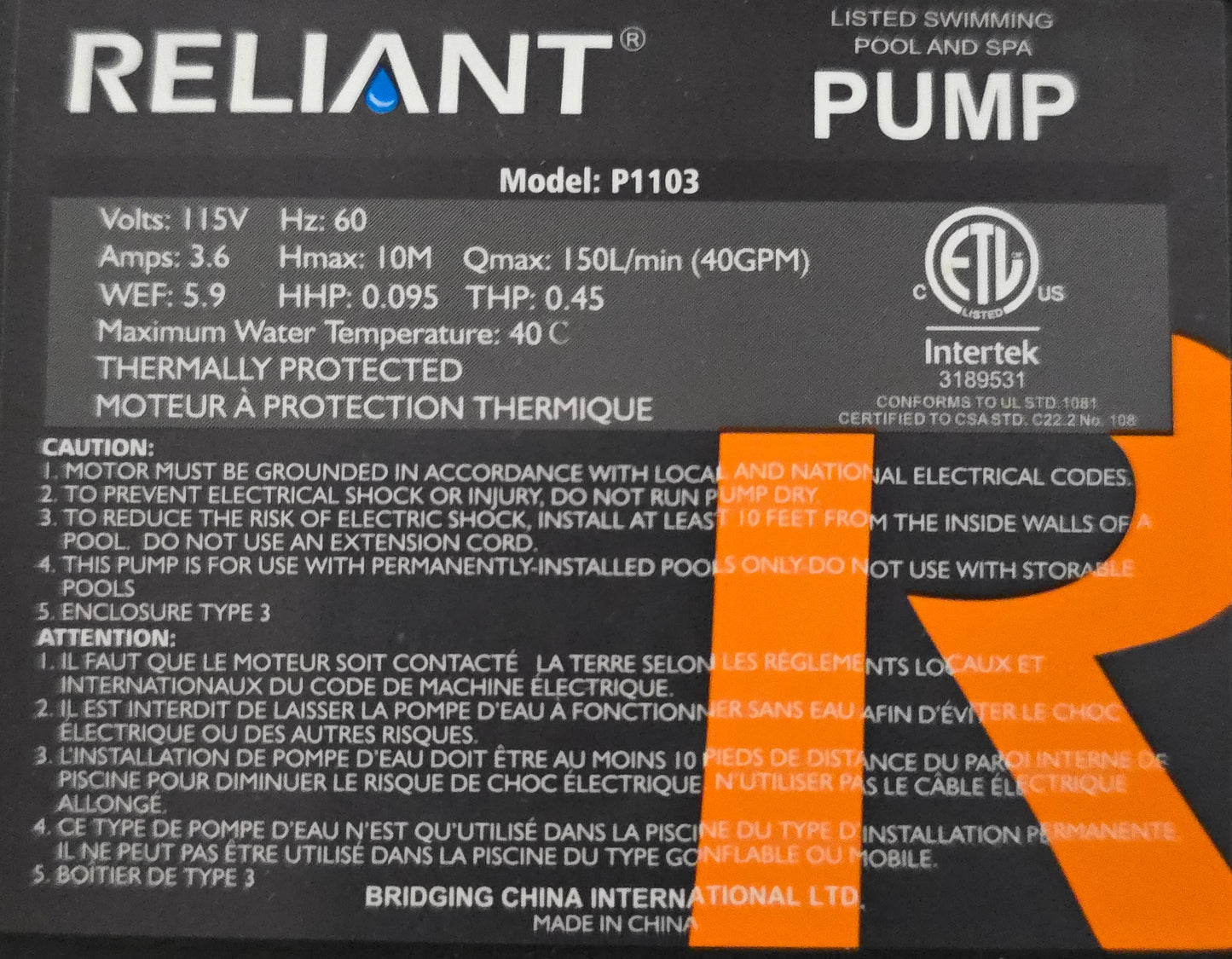 Reliant 0.35hp Above Ground Pool Pump P1103 Series for Skid Pack Combo F116T1103