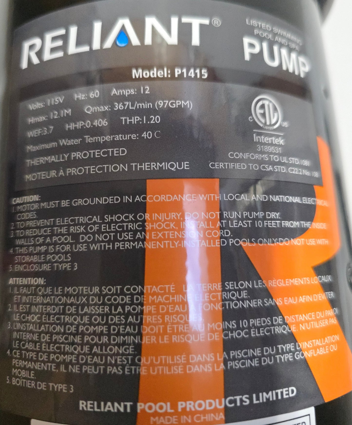 Reliant PF Pro 1.5hp Above Ground Pool Pump P1415 Series for Combo Pack F124T1415