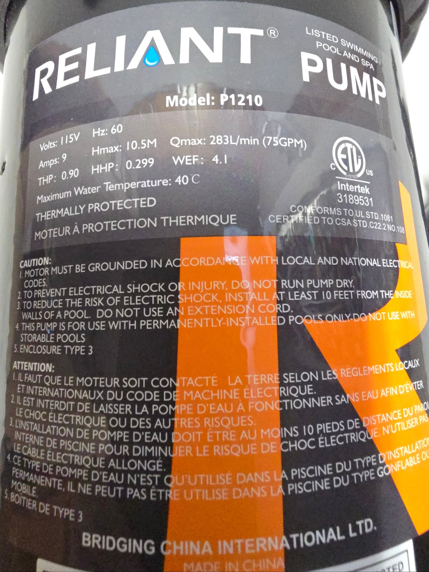 Reliant PF Pro 1hp Above Ground Pool Pump P1210 Series for Skid Pack Combo F119T1210