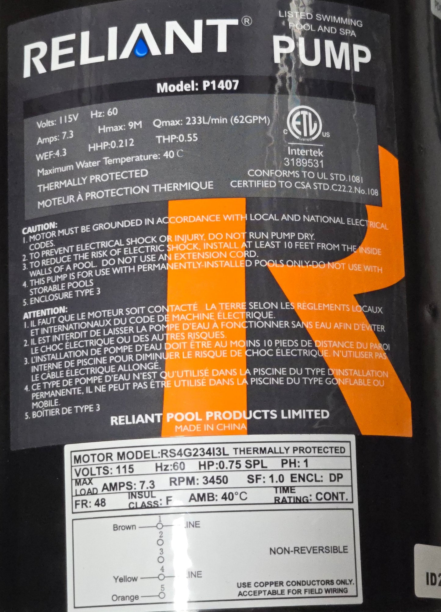Reliant PF Pro 0.75hp Above Ground Pool Pump P1407 Series for Combo Pack F116T1407