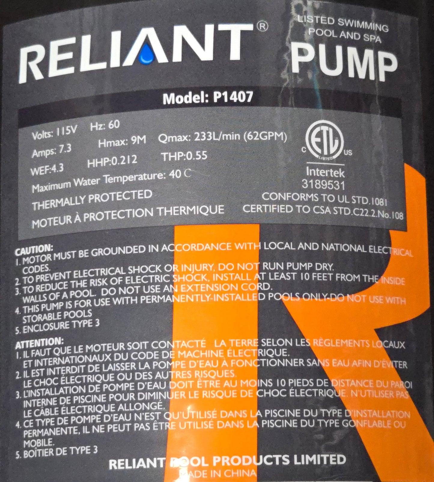 Reliant PF Pro 0.75hp Above Ground Pool Pump P1407 Series for Combo Pack F116T1407