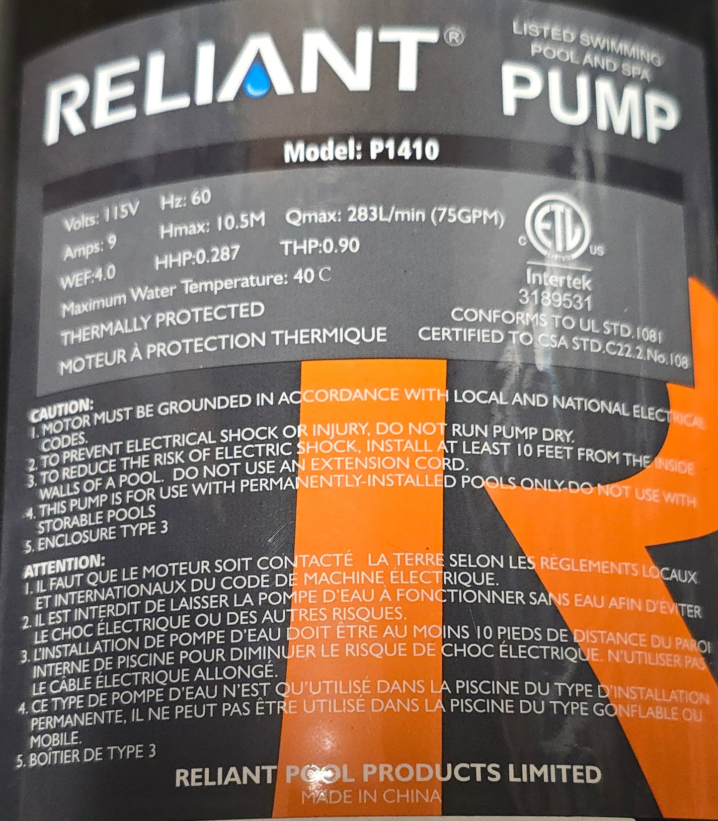 Reliant PF Pro 1hp Above Ground Pool Pump P1410 Series for Combo Pack F119T1410